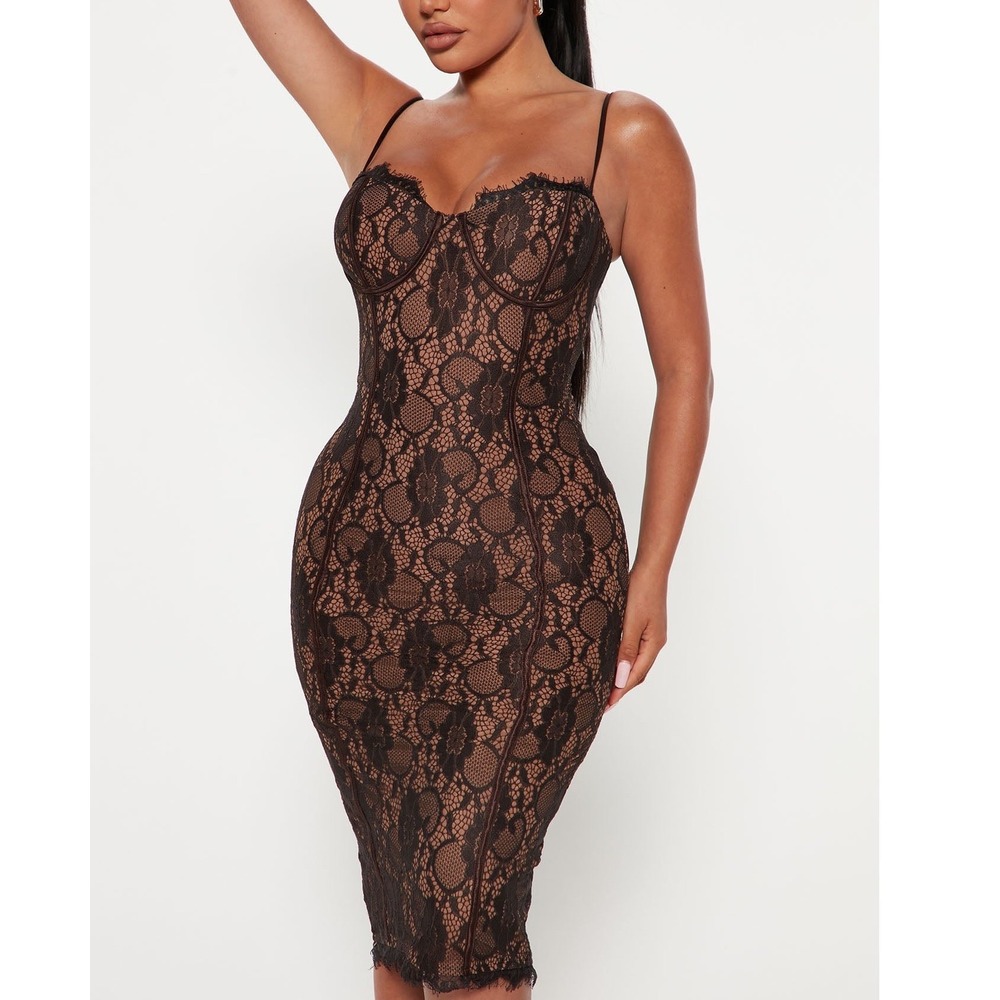 Fashion Nova Estelle Lace Midi Dress M Black Romantic Coquette Bodycon Bustier